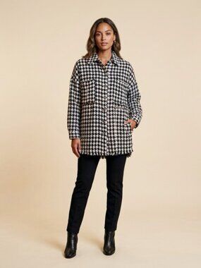 Trendyol Houndstooth Tweed Shacket Jacket Black White Size M Fringe Hem